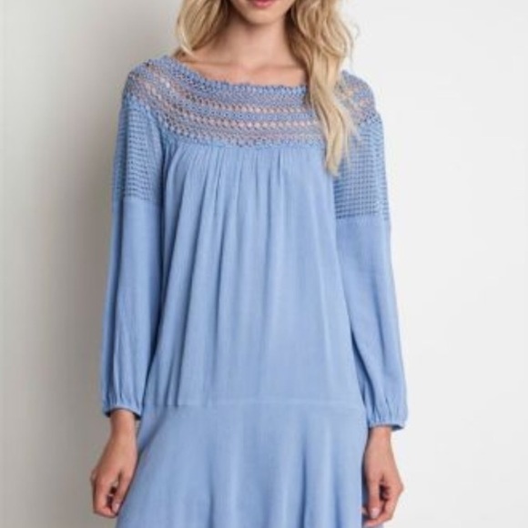 Umgee Dresses & Skirts - Boho crochet misty blue swing dress small